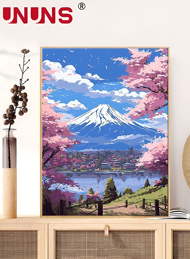 UNUNS طقم الرسم بالأرقام افعلها بنفسك، أزهار الكرز وجبل فوجي بأرقام على قماش مع إطار خشبي، طقم الرسم بالأرقام للفنانين افعلها بنفسك، زيت أكريليك لتزيين جدران المنزل (40*50 سم) - Image 1